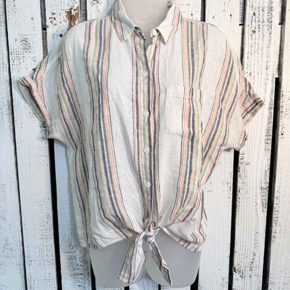 Beachlunchlounge Boho Stripe Tie Front Shirt Womens Medium Button Up Lightweight